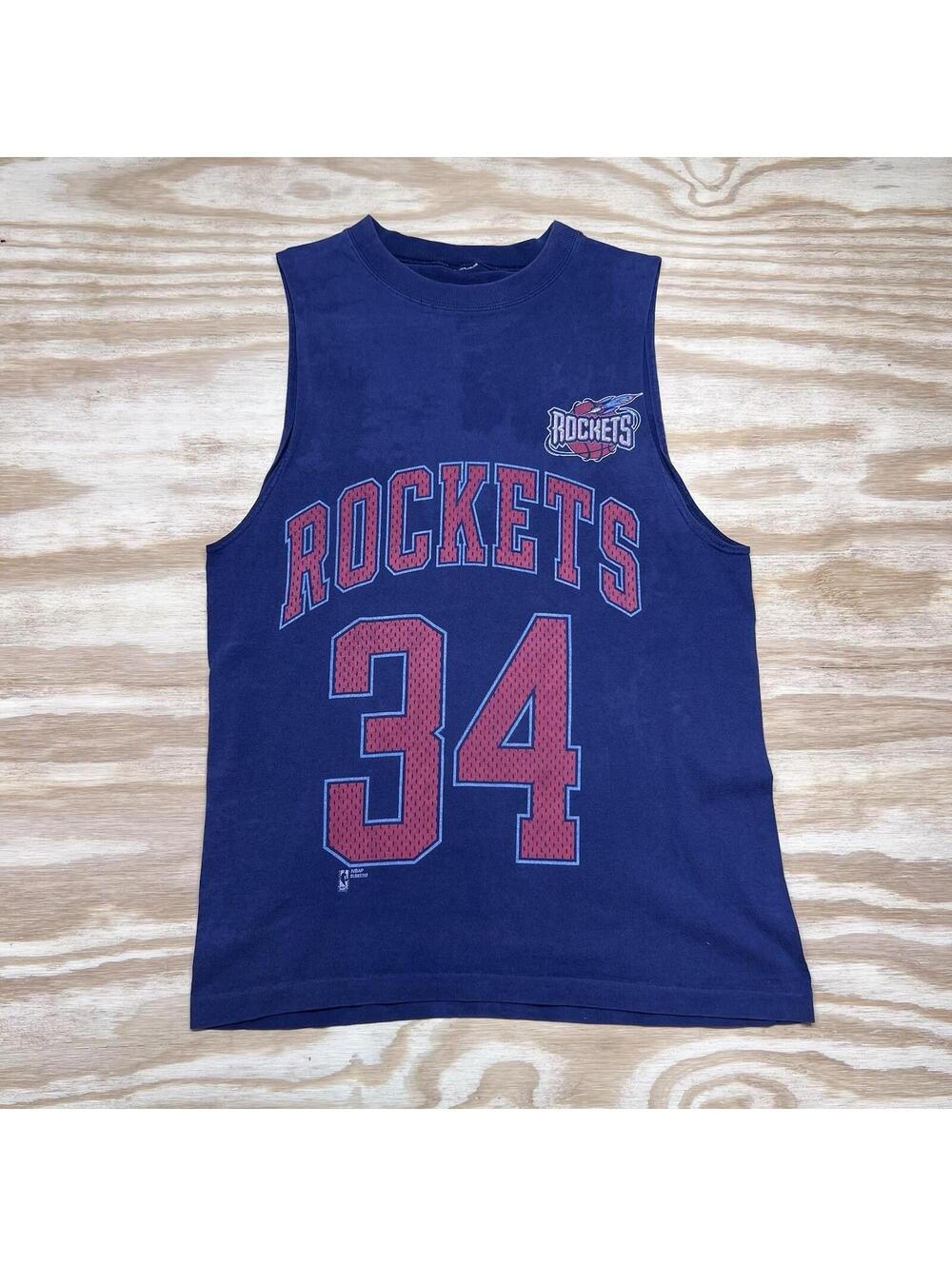 Vintage 90S Nba Houston Rockets Akeem Olajuwon Navy Blue Muscle Tee Sz Large